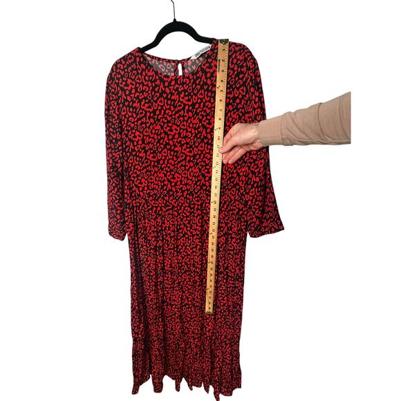 NEW! Zara Womans L Leopard Print Midi Dress Long Sleeve 100% Viscose Red Black - Picture 6 of 7
